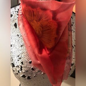 Coral Floral Square Scarf  “Tropical Vibe” with Pink, Red, Orange Large Flowers